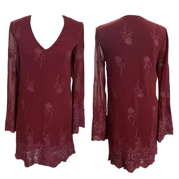 Wayf Burgundy Embroidered Flair Sleeved Dress sz S - Picture 12 of 13